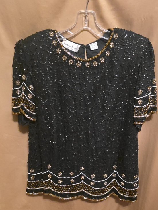 Laurence Kazar Tops - Ladies' Laurence Kazar Black Silk Beaded Short Sleeve Evening Top XL